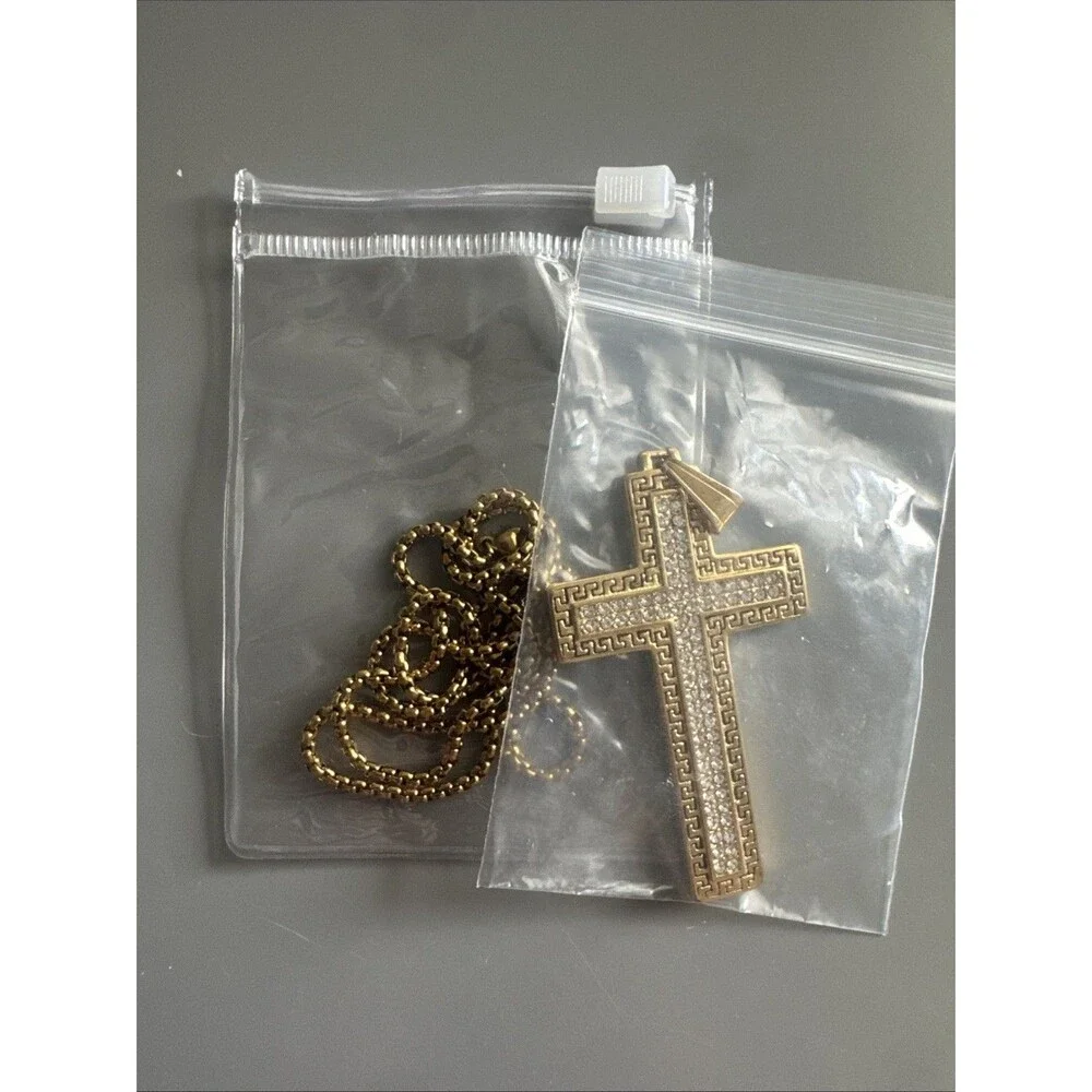 Cross Pendant Cubic Zirconia 24” Chain Gold Plated Religious Faith Gift Unisex